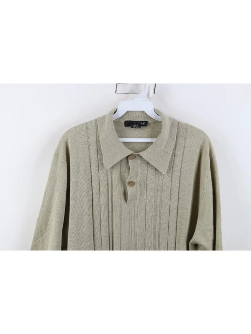 Vintage 90s Streetwear Mens Large Blank Ribbed Knit Collared Polo Shirt Beige